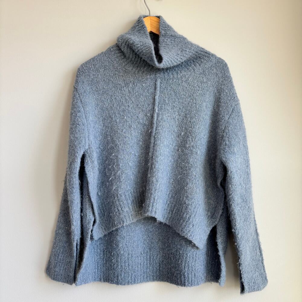 Alpaca Wool Sweater Medium Blue Crop High Low Turtleneck Knit 90s Quiet Luxury